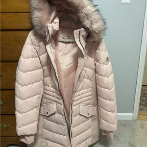 Michael Kors Light Pink Puffer Jacket with Faux Fur Hood
